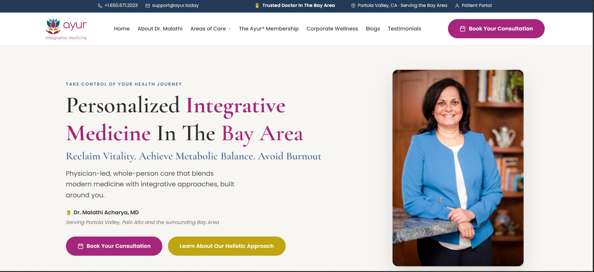 Ayur Integrative Medicine's redesigned homepage hero section featuring Dr. Malathi Acharya, MD